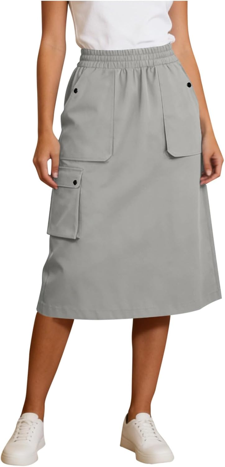 Women's Cargo Midi Skirt Elastic High Waist Utility Work Office Skirts with Multi-Pockets Loose A-Line Casual Outdoor