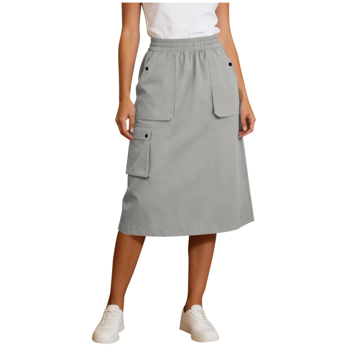 Women's Cargo Midi Skirt Elastic High Waist Utility Work Office Skirts with Multi-Pockets Loose A-Line Casual Outdoor