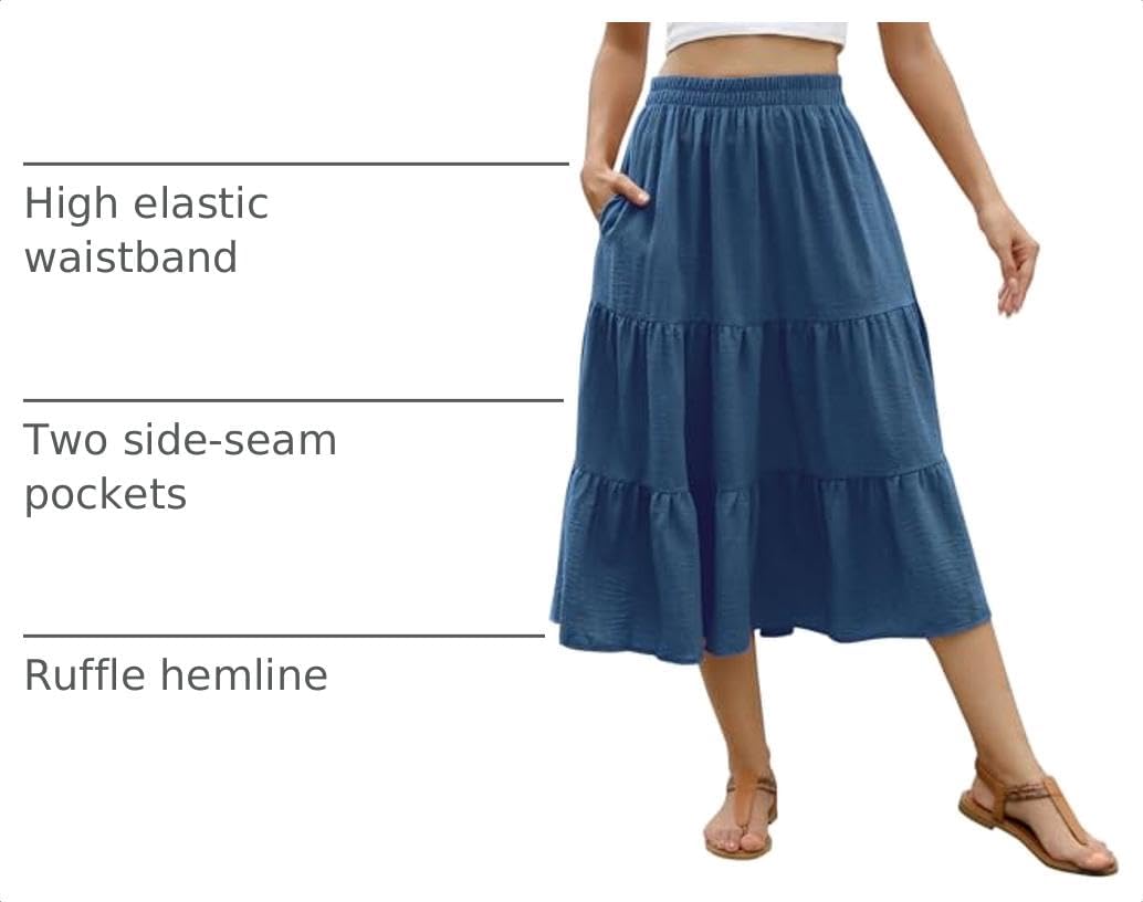 Lyrur Women's Floral Midi Skirt with Pockets High Elastic Waist Flowy Ruffle Casual Summer Boho Aline Skirts