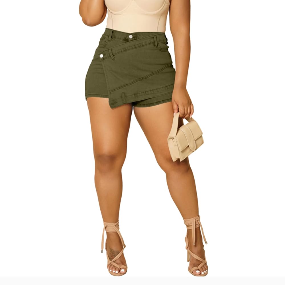 HTD Women's Denim Shorts Skorts Asymmetrical with Pockets