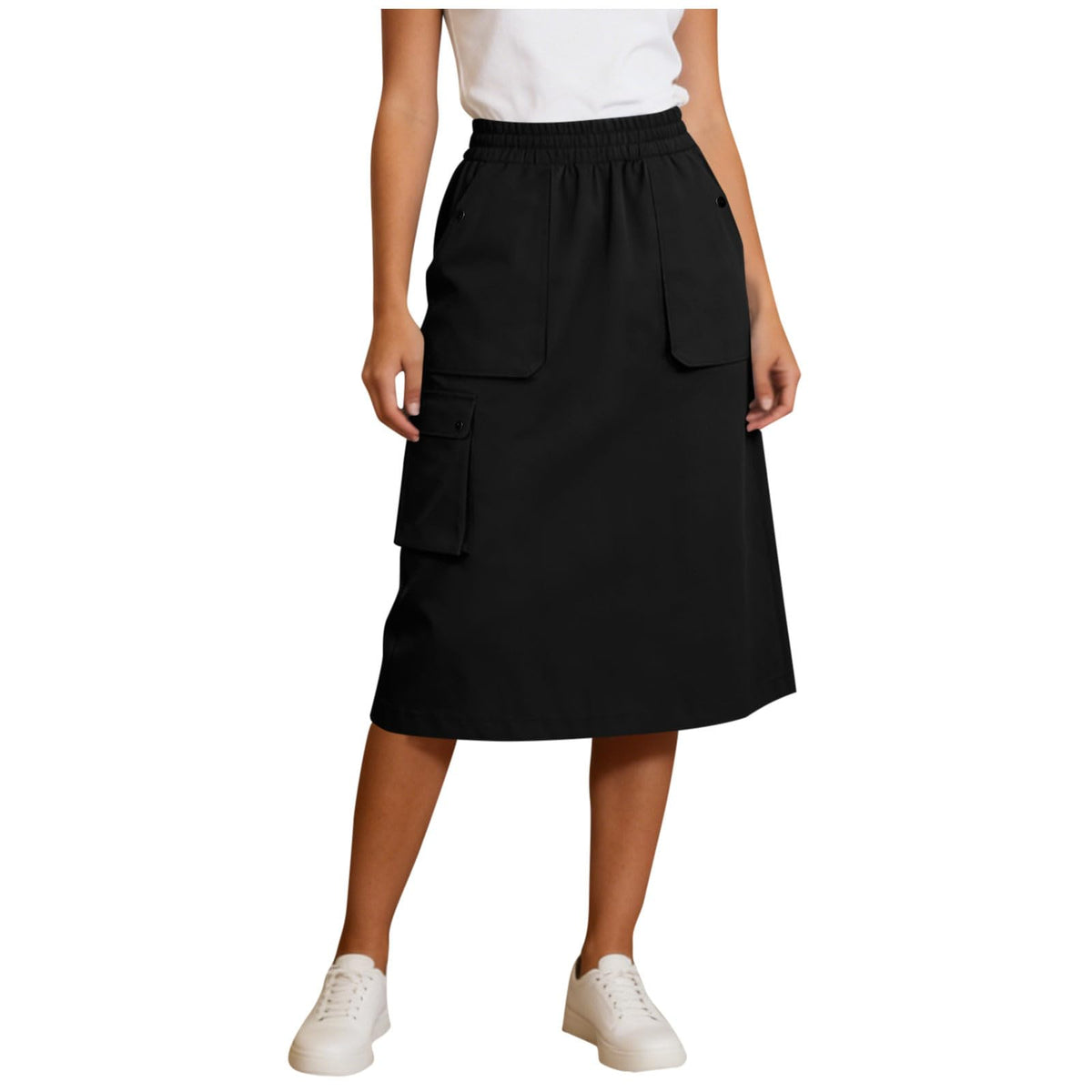 Women's Cargo Midi Skirt Elastic High Waist Utility Work Office Skirts with Multi-Pockets Loose A-Line Casual Outdoor