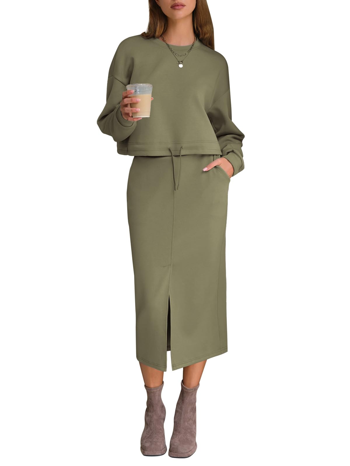 EXLURA Women Fall 2 Piece Skirts Set with Pockets Trendy Matching Outfit