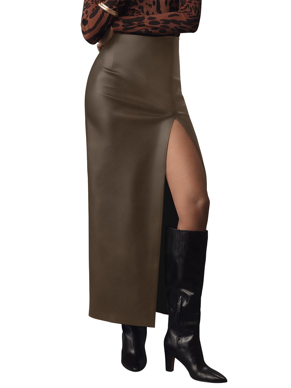 LILLUSORY Womens Faux Leather Maxi Skirts High Waisted Slit