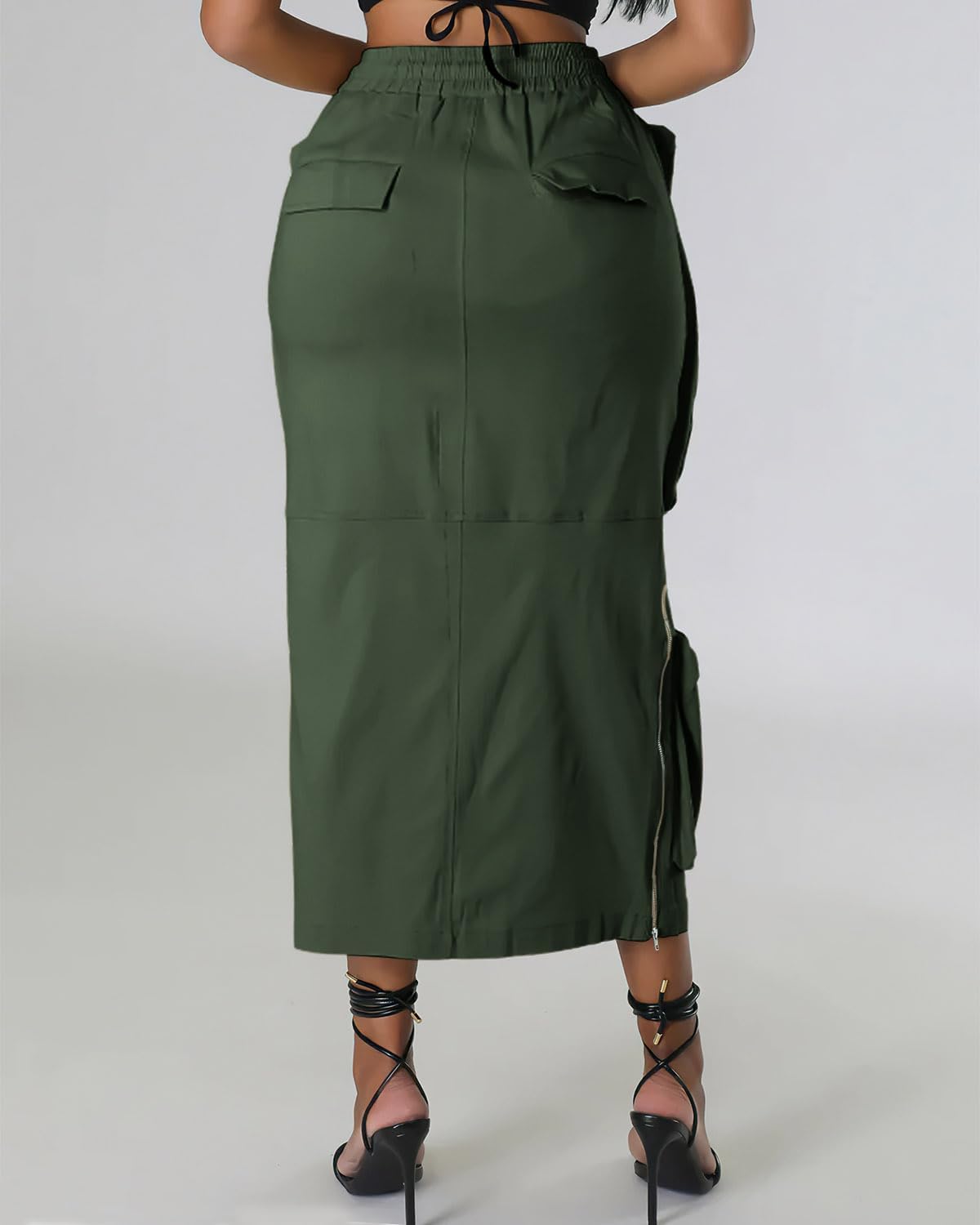 ebossy Women's Vintage 90s Drawstring Stretchy Zipper Muti-Pockets Pencil Long Cargo Skirt
