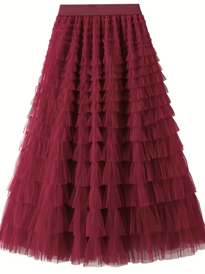 Womens One Size Skirt Mesh Layered Hem Fluffy Multilayer Tiered Puffy Ruffles Tulle (Midi Pink)