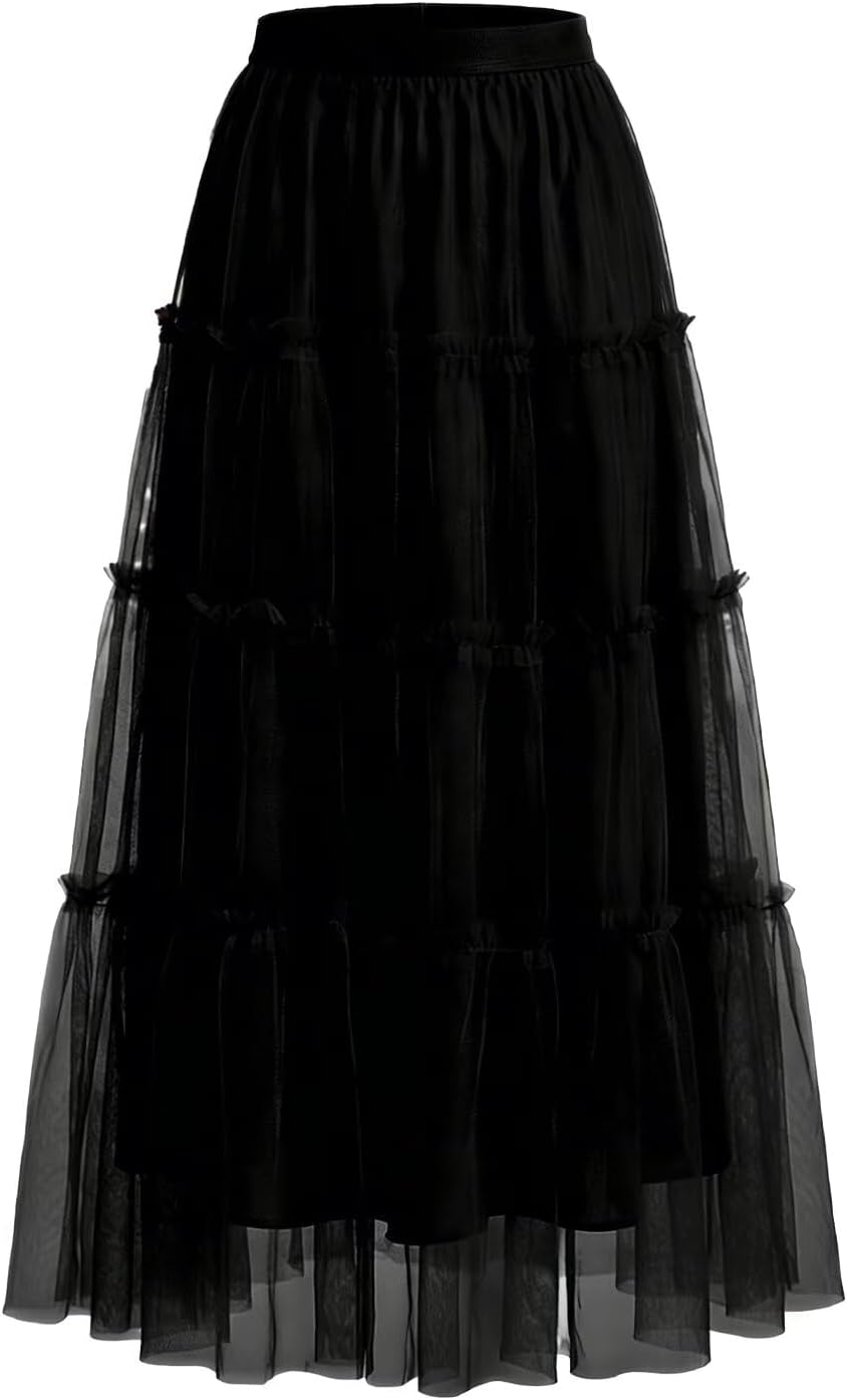 kephy Women's A-Line Tiered Flowy Tulle Midi Skirt High Elastic Waist