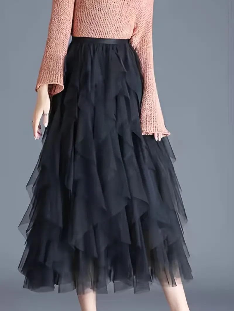 Womens One Size Skirt Mesh Layered Hem Fluffy Multilayer Tiered Puffy Ruffles Tulle (Midi Pink)