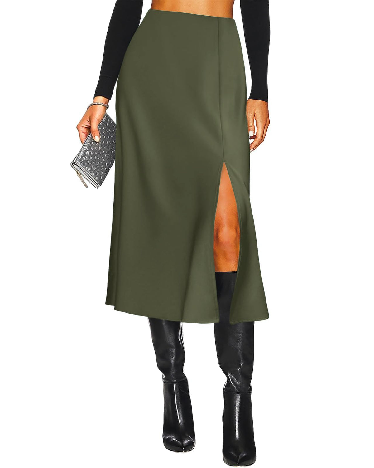 Women's Slit Satin Midi Skirt High Waisted Leopard Silk Long Skirts