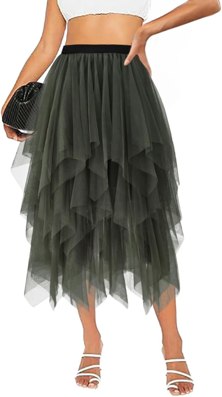 Tulle Skirts for Women Midi Long Tutu Skirt A-Line Mesh Layered Fairy Trendy High Elastic Waist Halloween Skirts
