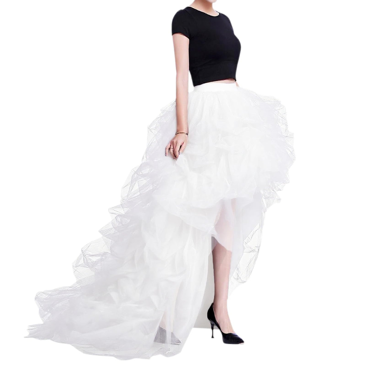 WDPL Women’s High Low Ruffled Tulle Skirt, Long Back Hem for Party Evening