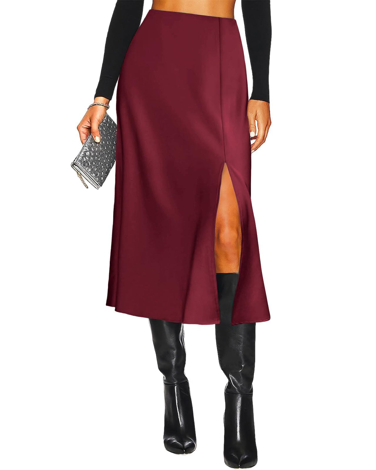 Women's Slit Satin Midi Skirt High Waisted Leopard Silk Long Skirts