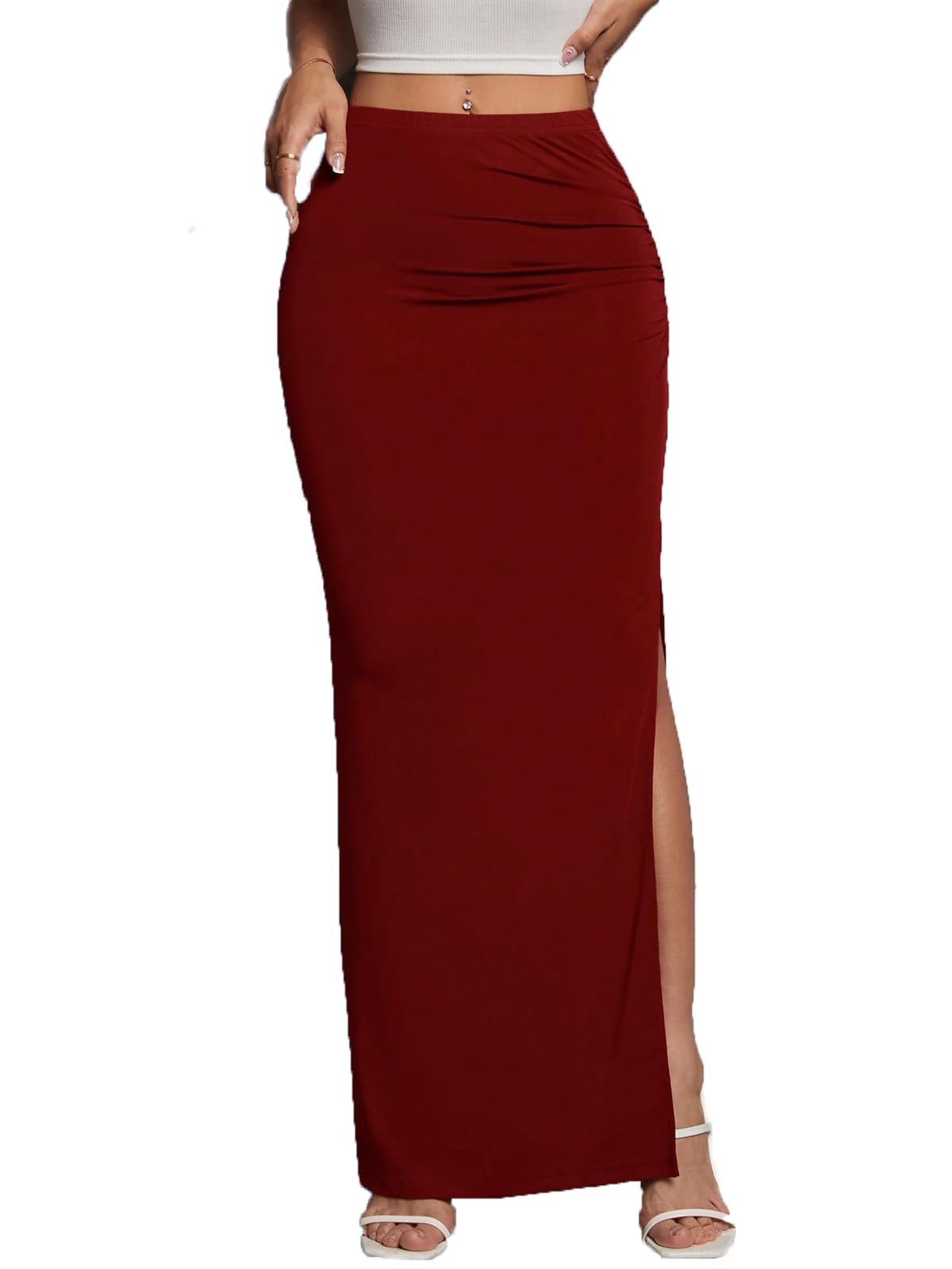 Women's Maxi Skirt Ruched Side Slit Thigh Elegant Bodycon Pencil Skirts