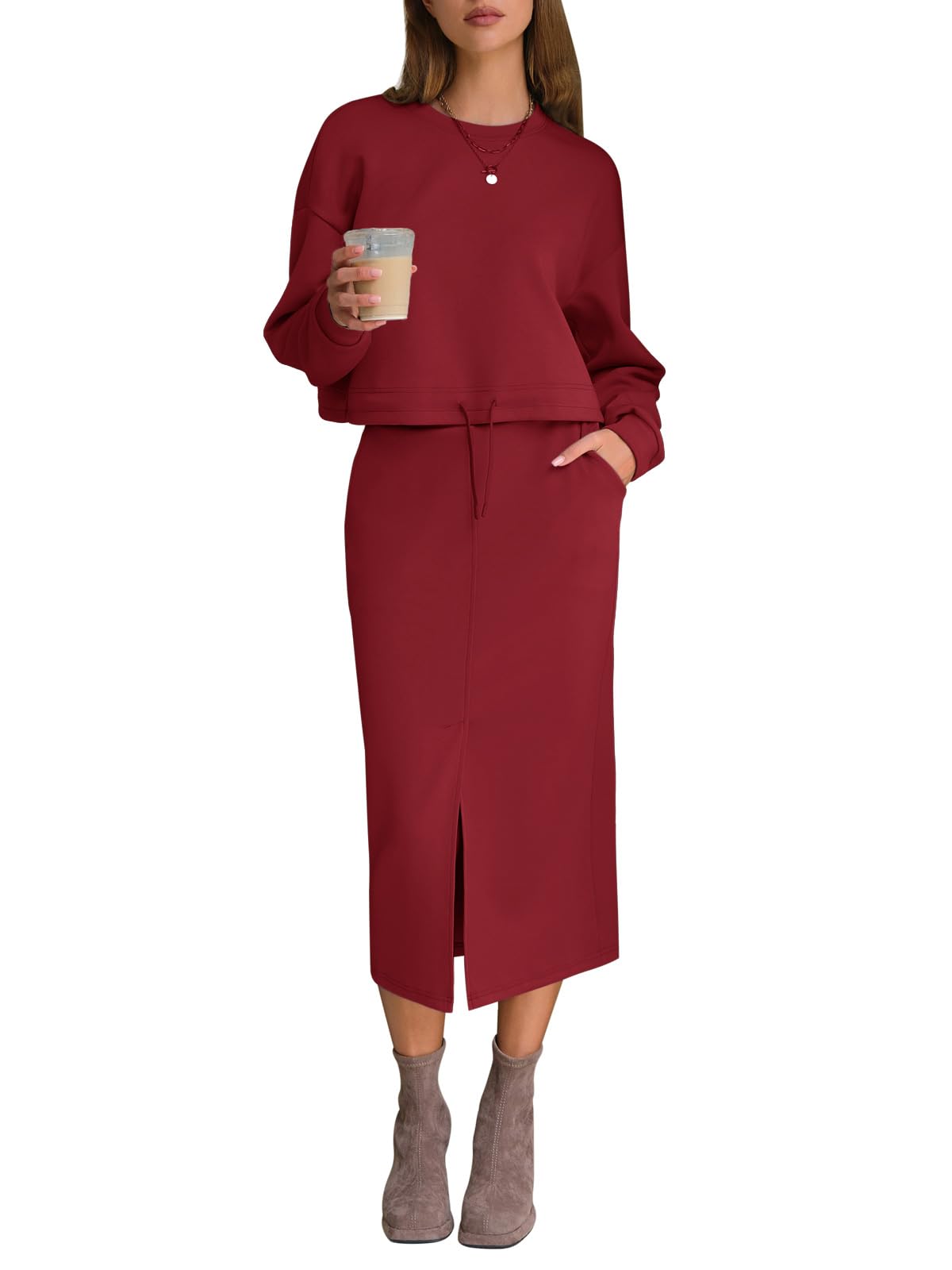 EXLURA Women Fall 2 Piece Skirts Set with Pockets Trendy Matching Outfit