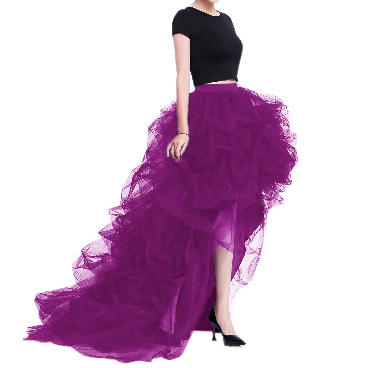 WDPL Women’s High Low Ruffled Tulle Skirt, Long Back Hem for Party Evening