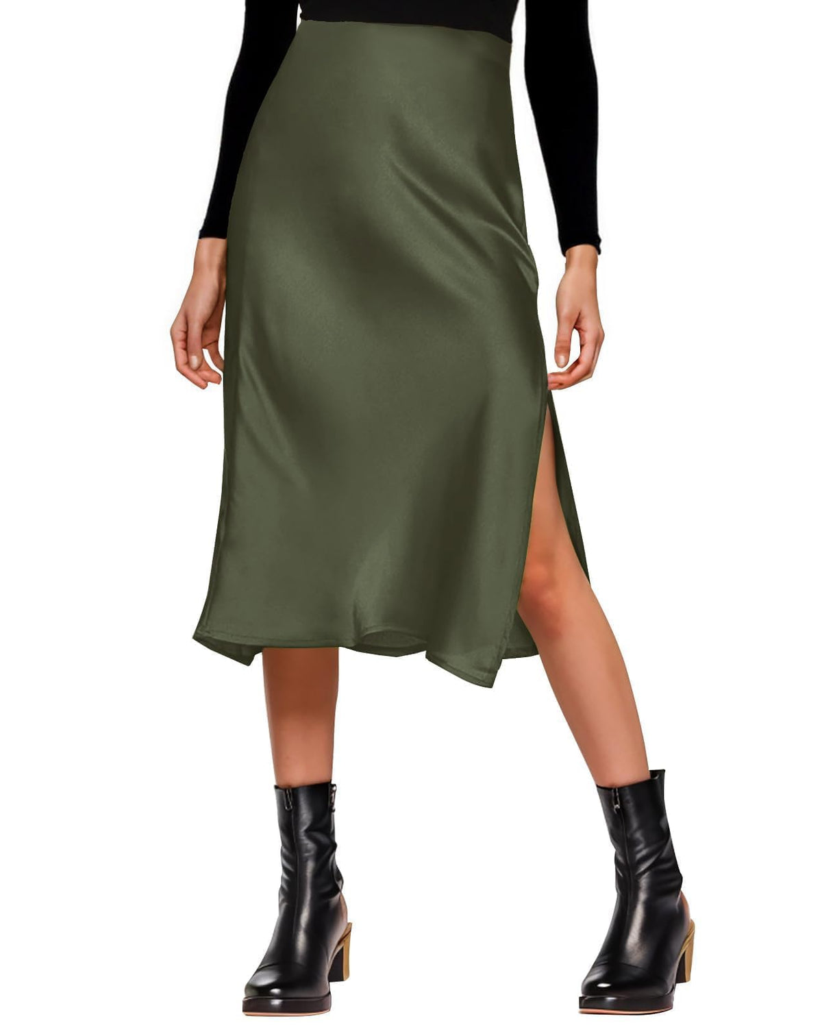 Amy Babe Womens Satin Silk High Waist Slit Midi Skirt Long Skirts for Women