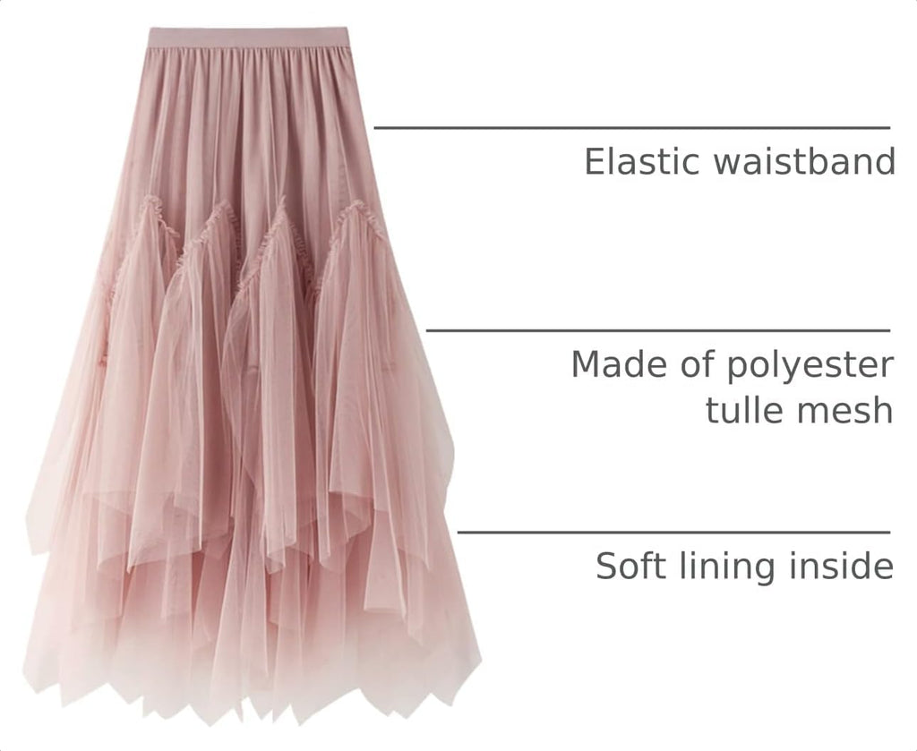 Women's Tulle Skirt Formal High Low Asymmetrical A-Line Fairy Elastic Waist Layered Long Midi Skirts