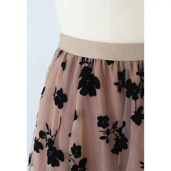 Chicwish 3D Posy Double-Layered Mesh Midi Skirt - Lightweight Polyester Tulle Skirt with Elastic Waistband & Floral Trim for Women