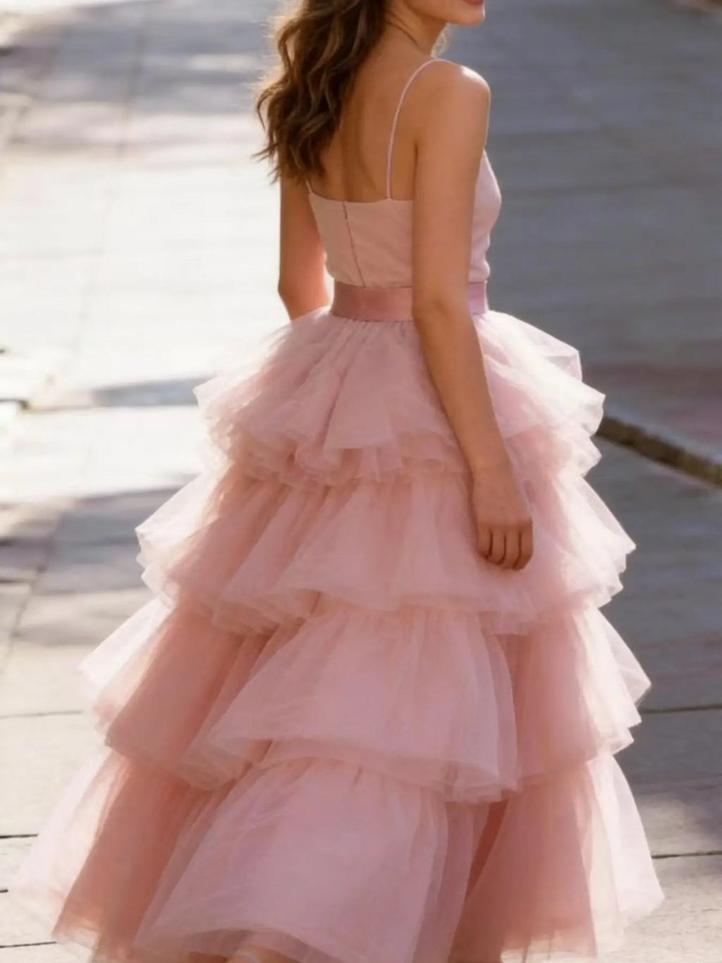 1Pc Dusty Pink Tiered Layered Tulle Dance Skirt, Cute Elastic Waist Ruffle Cake Midi Mesh Skirt Women Ballet Performance Party Costume