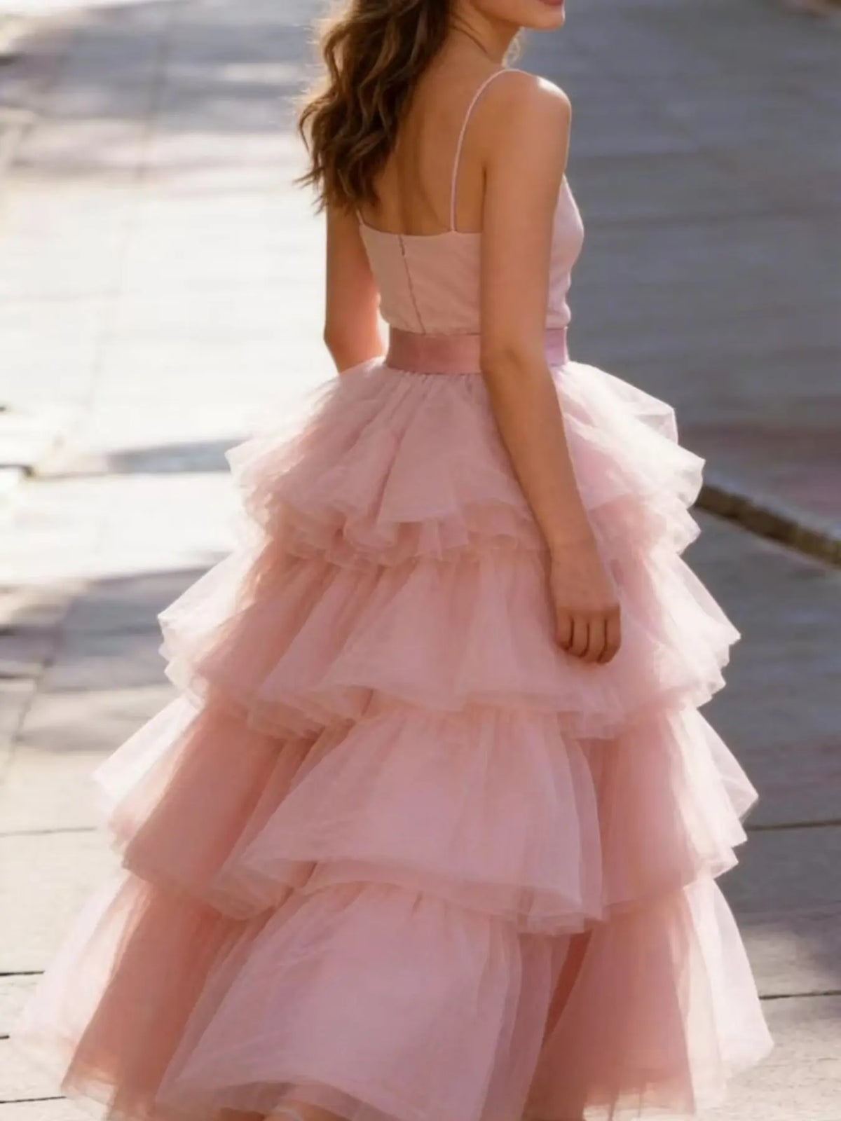 1Pc Dusty Pink Tiered Layered Tulle Dance Skirt, Cute Elastic Waist Ruffle Cake Midi Mesh Skirt Women Ballet Performance Party Costume