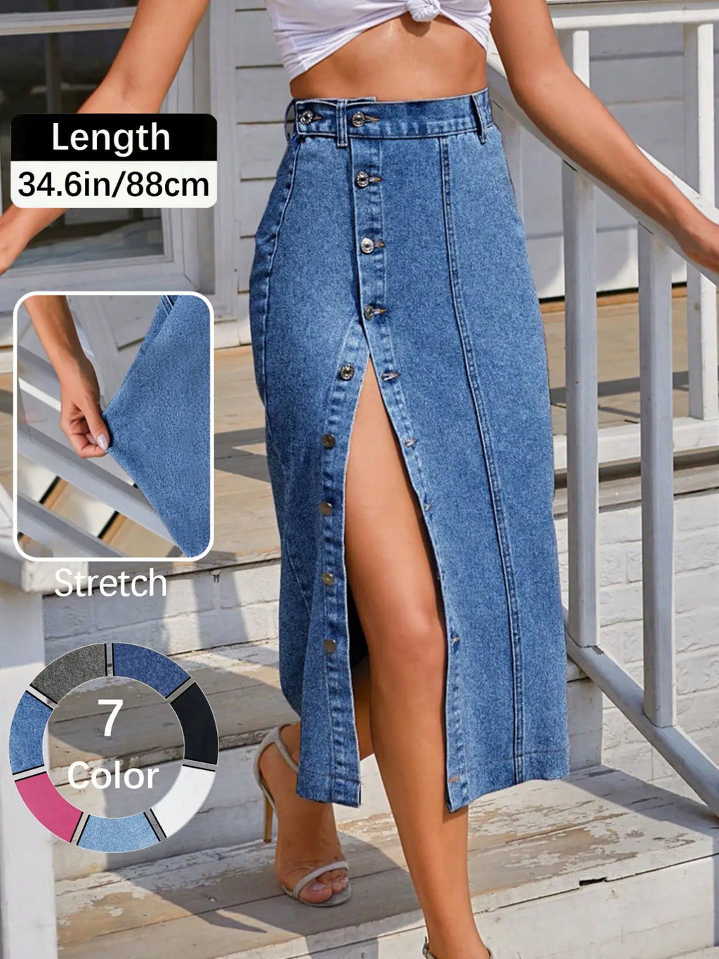 OBlue Jeans Women's  Button Front Light Wash Denim Split Hem Skirt, Casual Fashion Fitted Skirt for Daily Wear, Ladies Bottoms for All Seasons, Button Fly Skirt, T-Chic, All Season Skirts