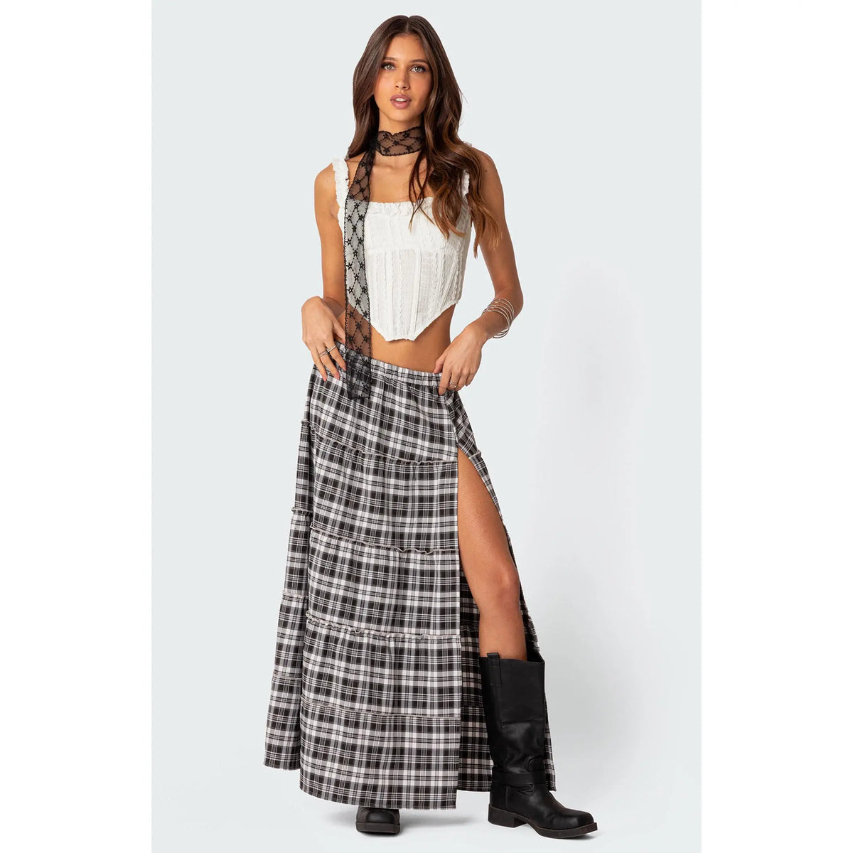 Edikted Women's Plaid Side Slit Tiered Maxi Skirt - Multicolor
