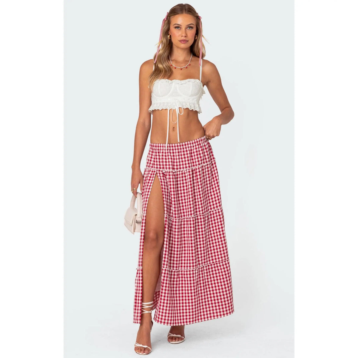 Edikted Women's Gingham Side Slit Tiered Maxi Skirt - Multicolor