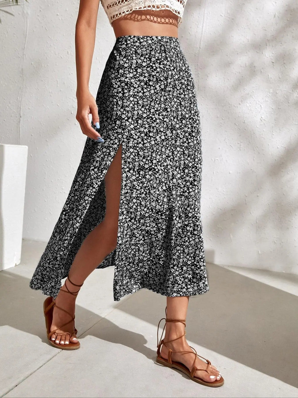 Women's Ditsy Floral Print Split Thigh A Line Skirt, Boho Bohemian Casual High Waist Midi Skirt, Boho Skirts for Beach Holiday Vacation, Summer Outfits 2024, Ladies Summer Clothes, Womenswear Bottom