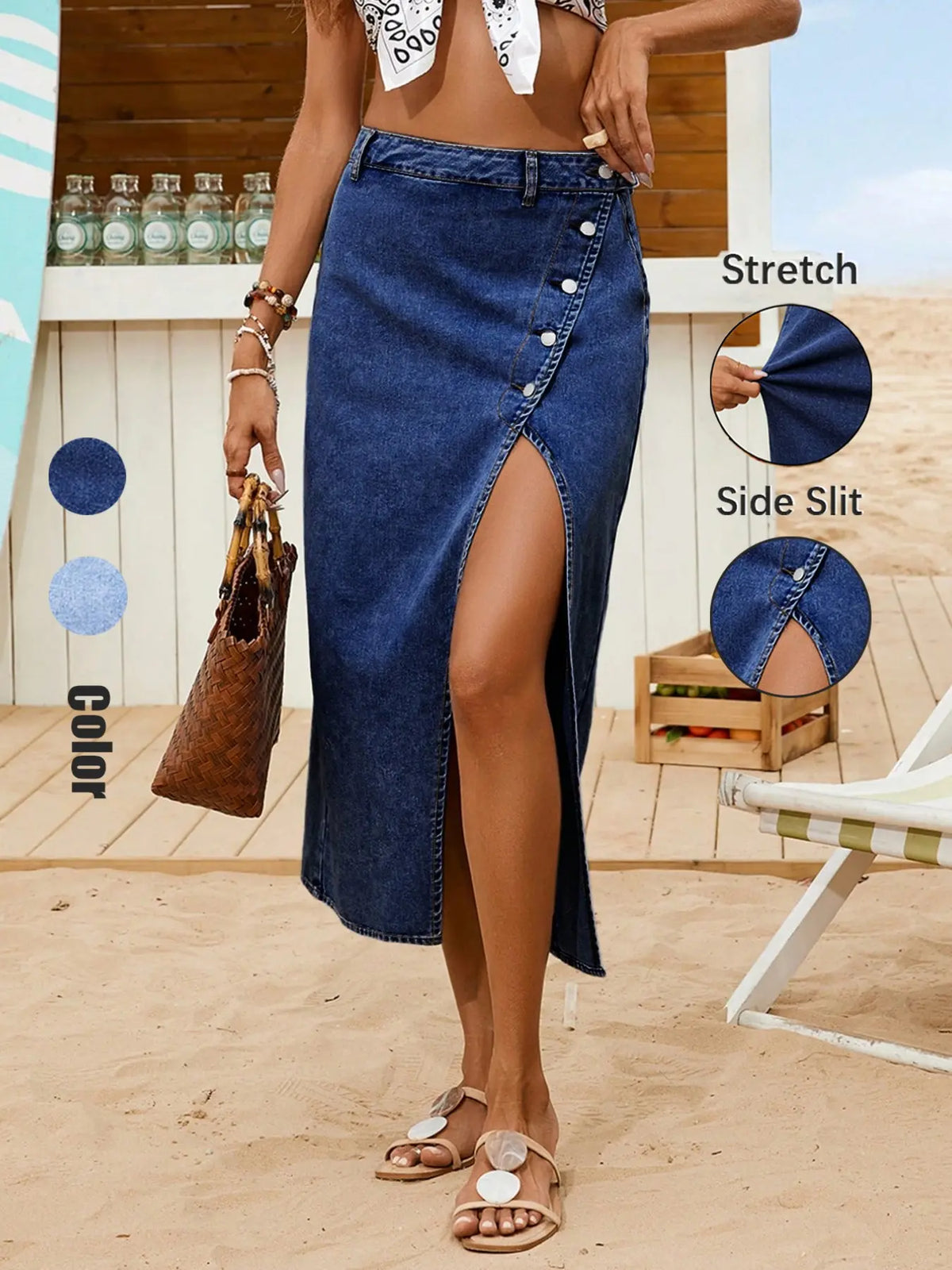 Women Denim Skirt Light Wash Fit Fitted Casual Vacation Sexy Side Slit, Split Hem Skirt, Casual Pocket Button, Stretch Fabric Stretchy Skirt for Daily Wear, Ladies Bottoms for All Seasons, Casual Fashion Skirt, Stretch Skirts