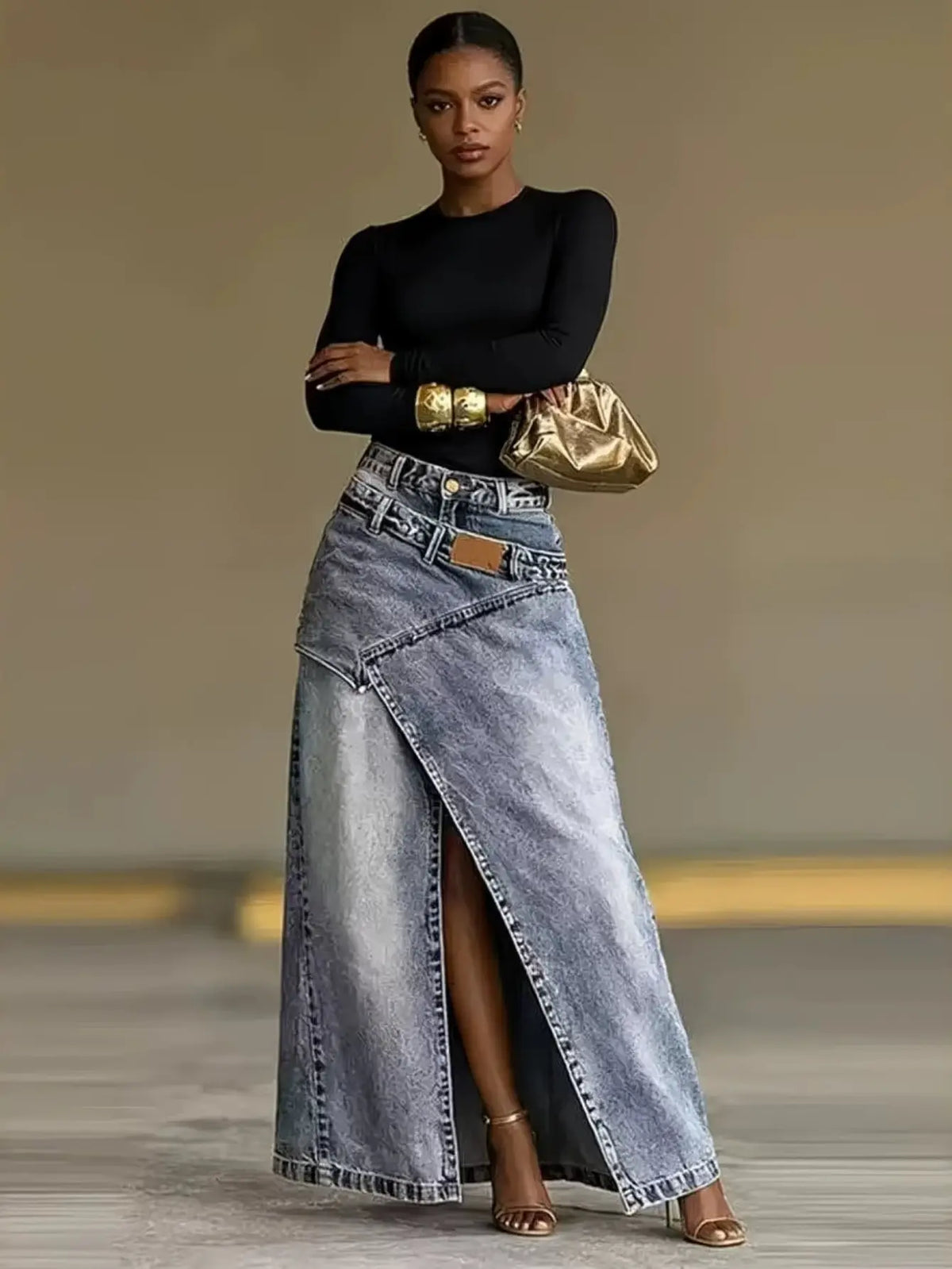Women's Vintage-washed High-waist Denim Midi-long Skirt With Irregular Spliced Slit Design, Suitable For Spring, Summer, Autumn And Winter