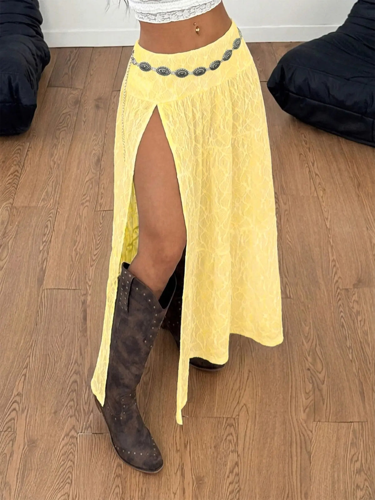 Women's Summer Daily Bohemian Retro Sexy Cutout Mesh Lace High Slit Midi Skirt Home Outdoor City Regular Trendy Casual Elegant Youthful Simple Versatile Texture Stylish Literary Casual Boho Skirt