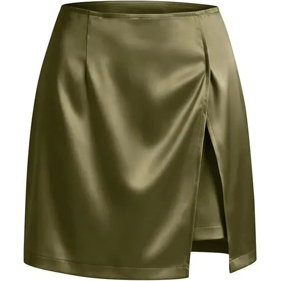 Cicy Bell Women's Satin High Waisted Side Slit A-Line Mini Skirt - Casual & Work Wear with Built-In Mini Shorts, Adaptable-Fit, Buckle-Free, Built-In Stretch, Skirts