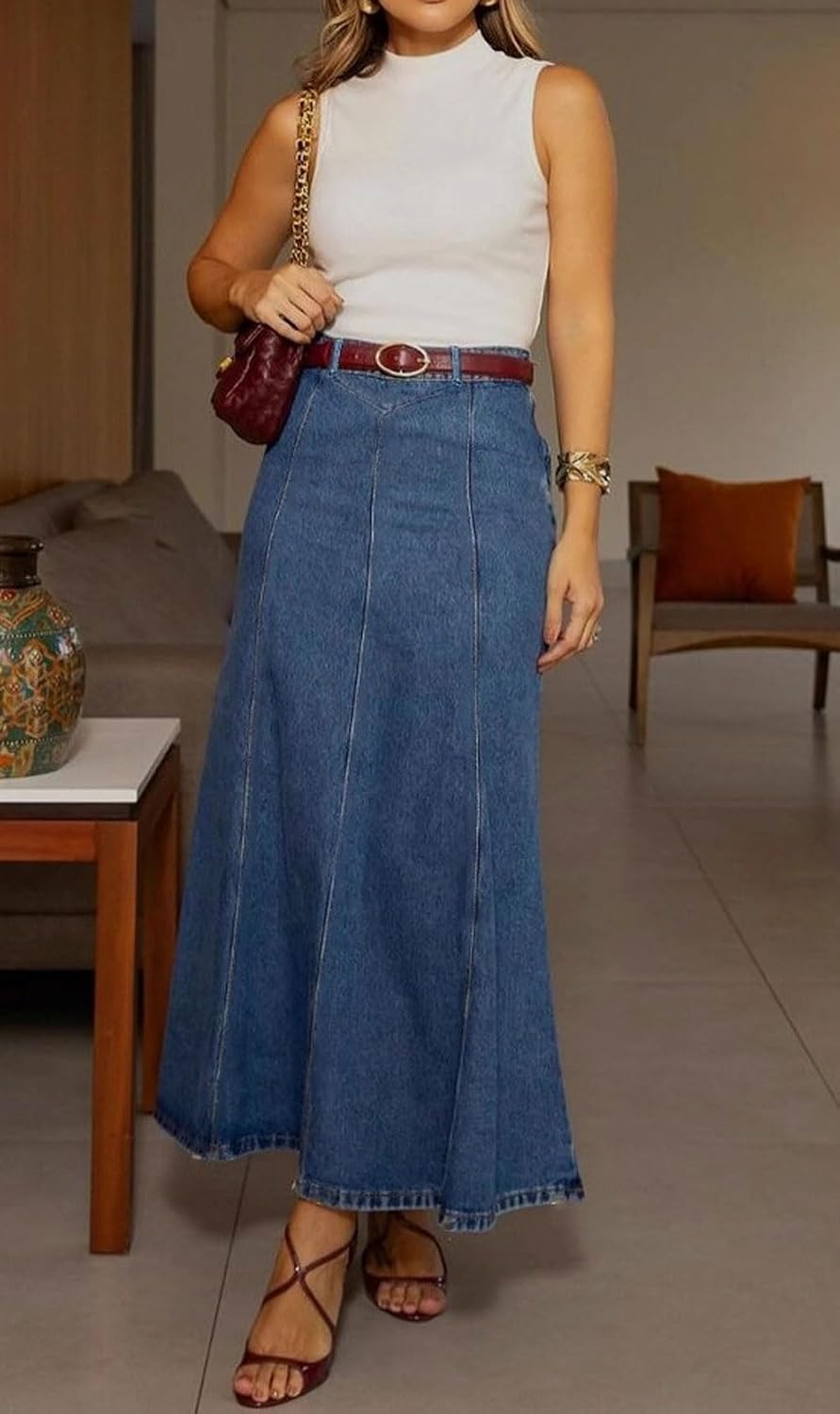 CHARTOU Women Long Patchwork Denim Skirt Stretchy High Waist Flowy Maxi Jean Skirt