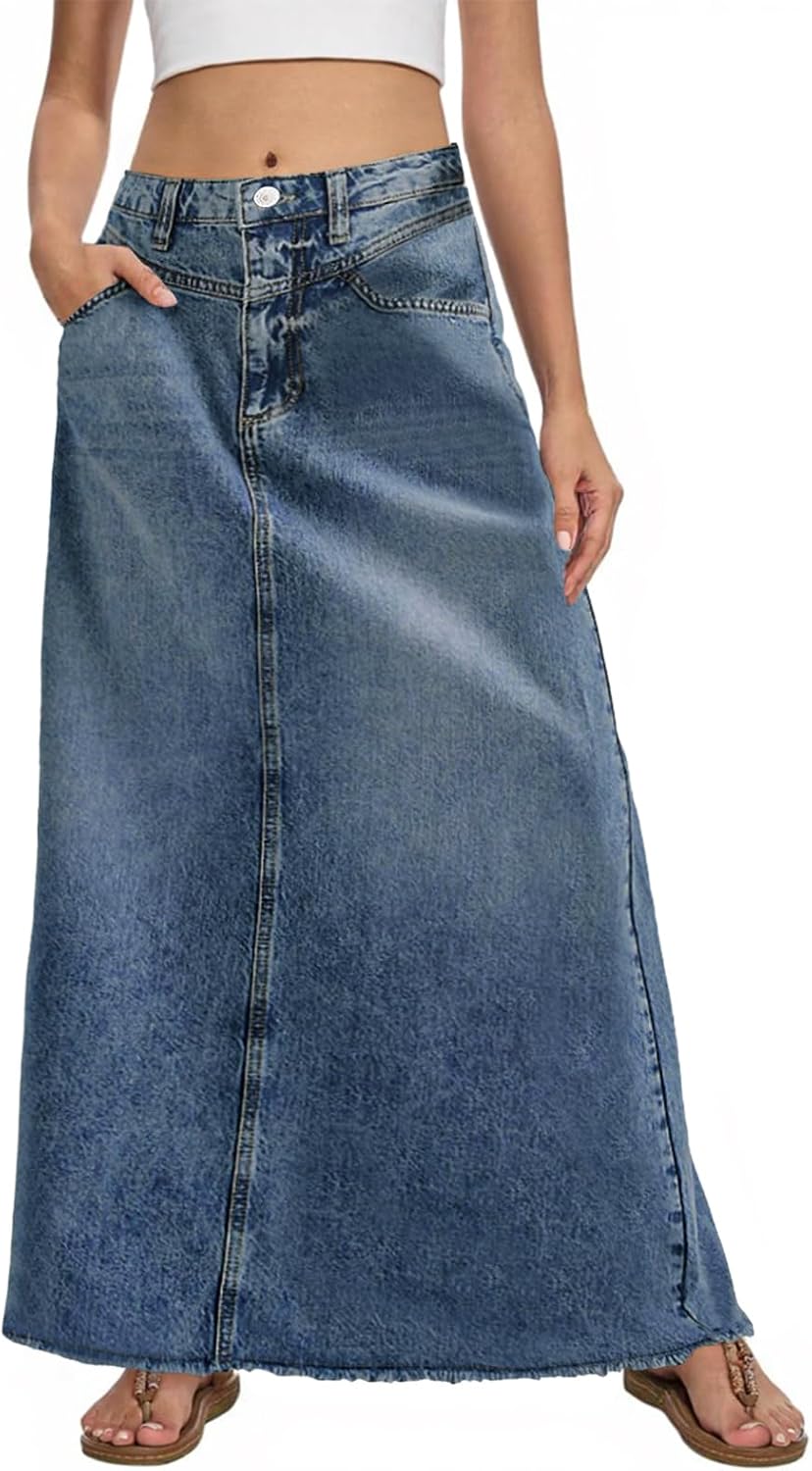 Fisoew Women's Vintage Denim Maxi Skirt Casual High Waist A-Line Frayed Hem Long Jean Skirt with Pockets