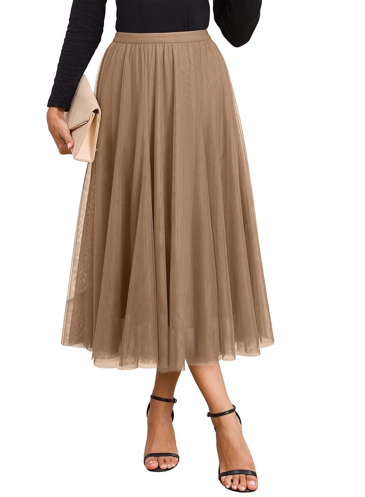 Happy Sailed Womens Tulle Skirt Elastic High Waisted A-Line Layered Flowy Long Skirts Date Night Outfit