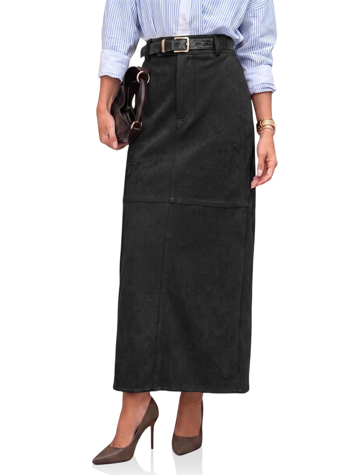 Cicy Bell Womens Suede Maxi Skirt High Waisted Slit Patchwork Pencil Skirts