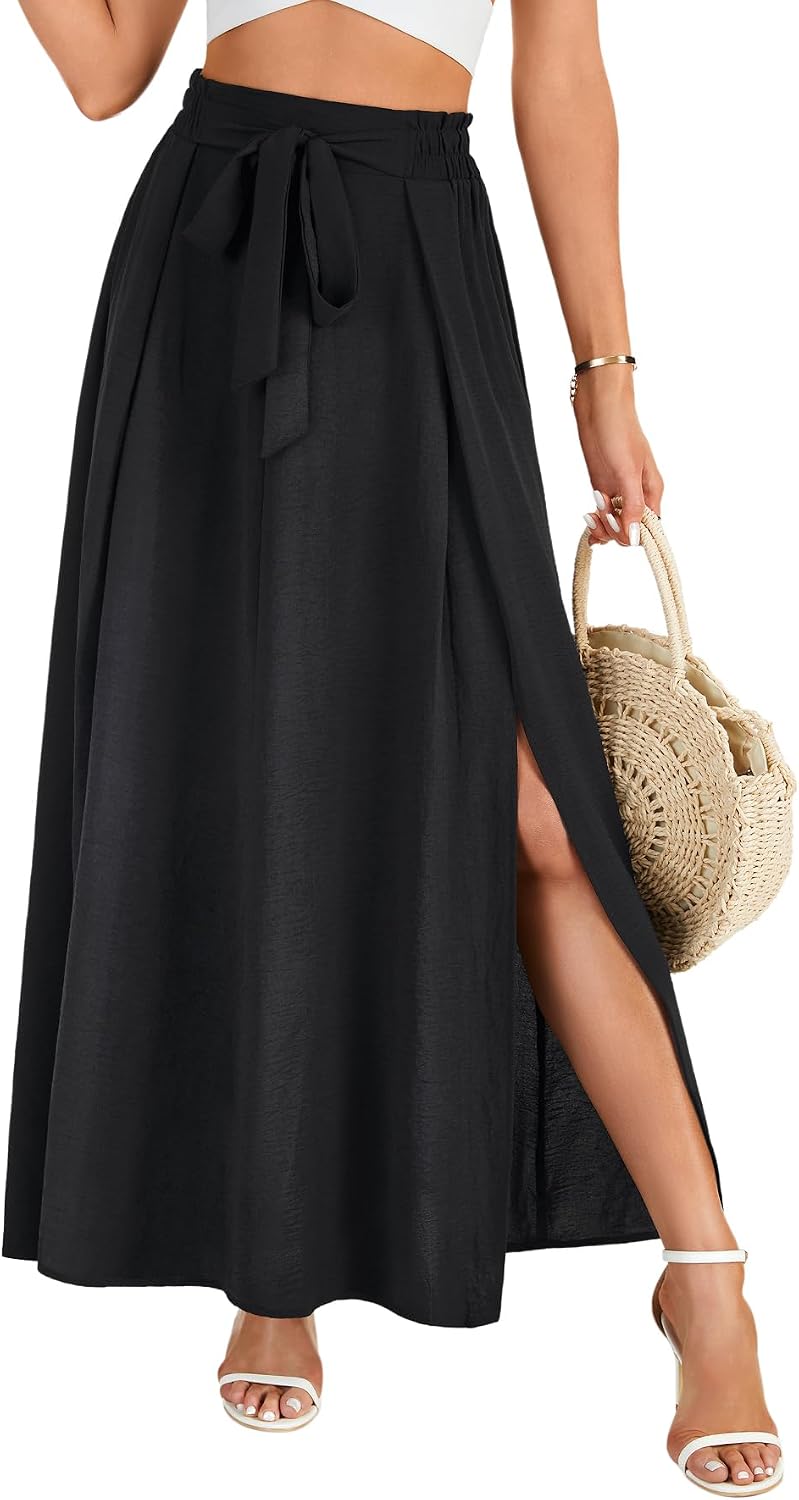 LYANER Women's Tie Front Pleated A Line Skirt High Waist Flowy Boho Maxi Dress with Slit Dressy Outfit