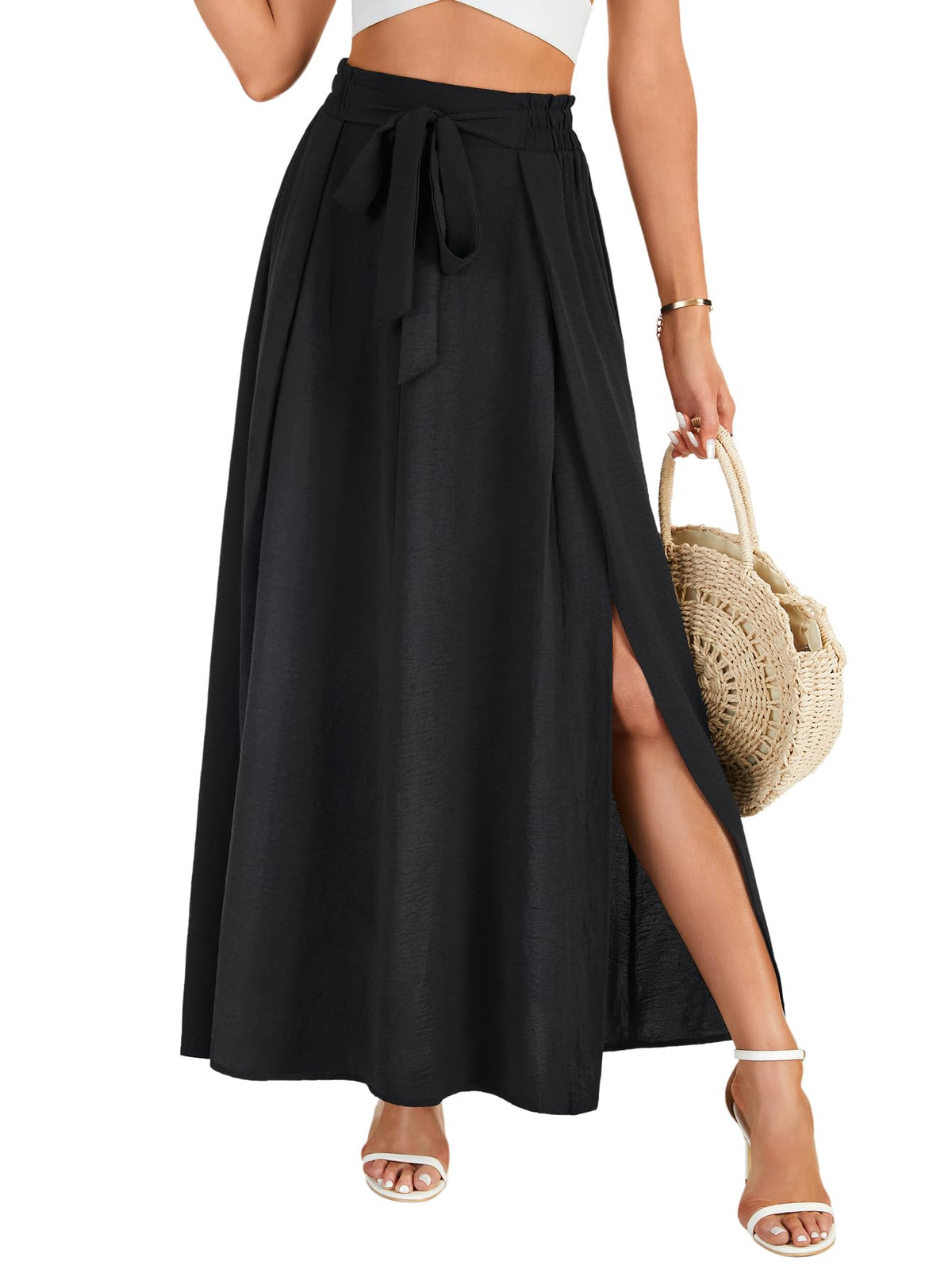 LYANER Women's Tie Front Pleated A Line Skirt High Waist Flowy Boho Maxi Dress with Slit Dressy Outfit