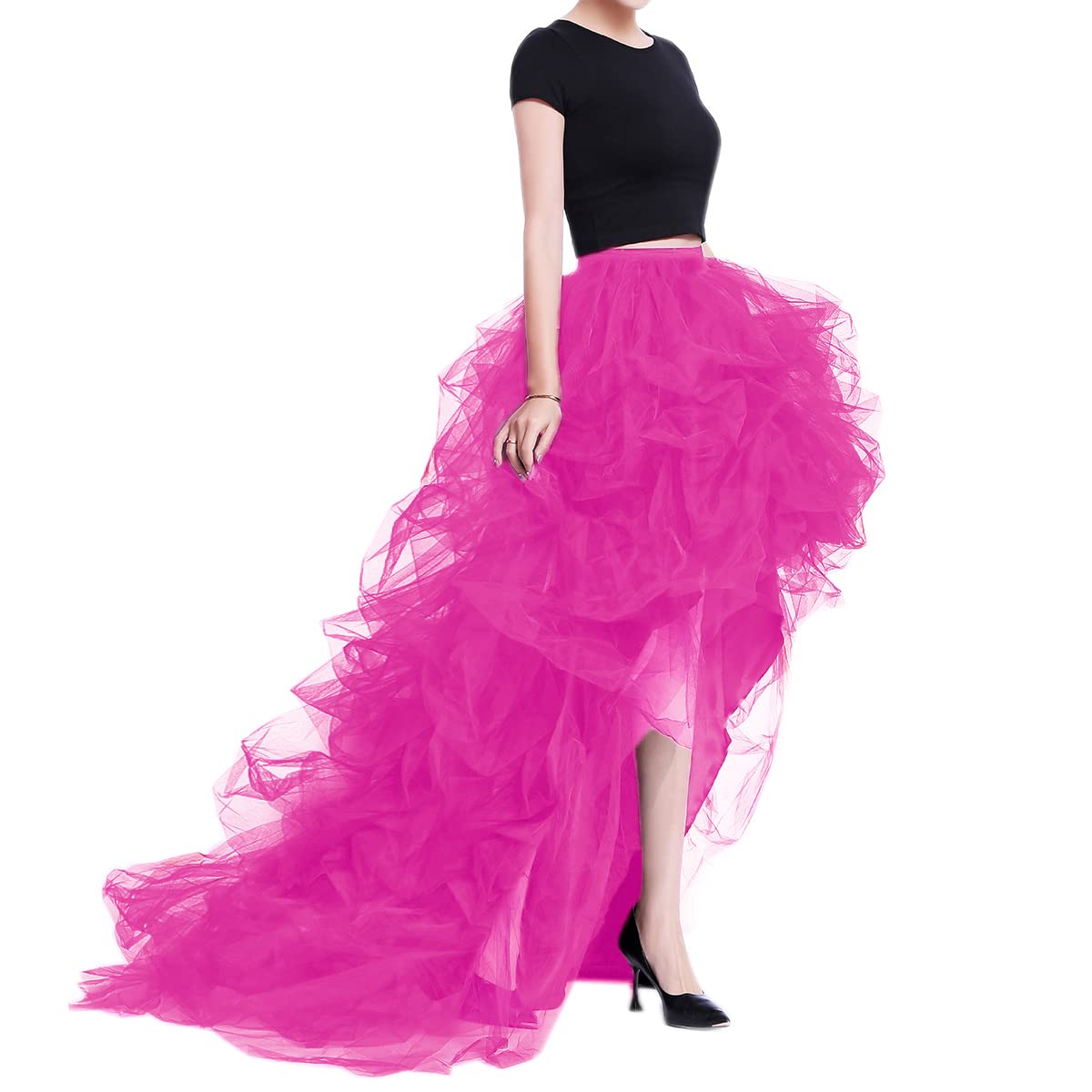 WDPL Women’s High Low Ruffled Tulle Skirt, Long Back Hem for Party Evening