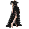Women Y2k High Low Tulle Skirt Self-Tied Mesh Ruffle Layered See-Through Floor-Length Cocktail Prom Party Skirt