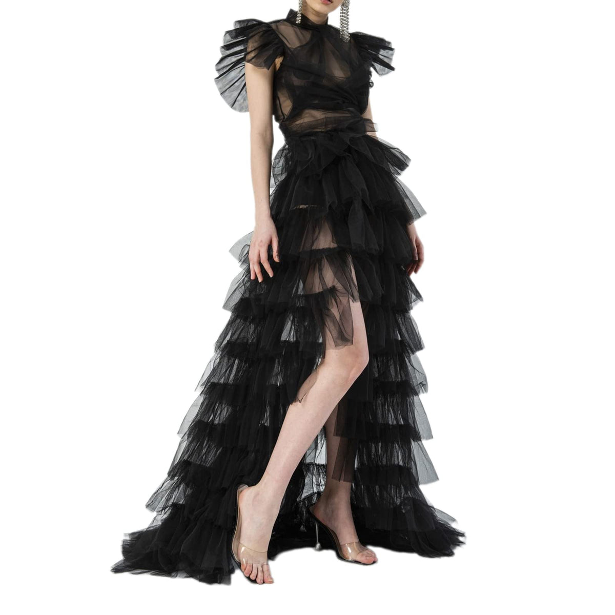 Women Y2k High Low Tulle Skirt Self-Tied Mesh Ruffle Layered See-Through Floor-Length Cocktail Prom Party Skirt
