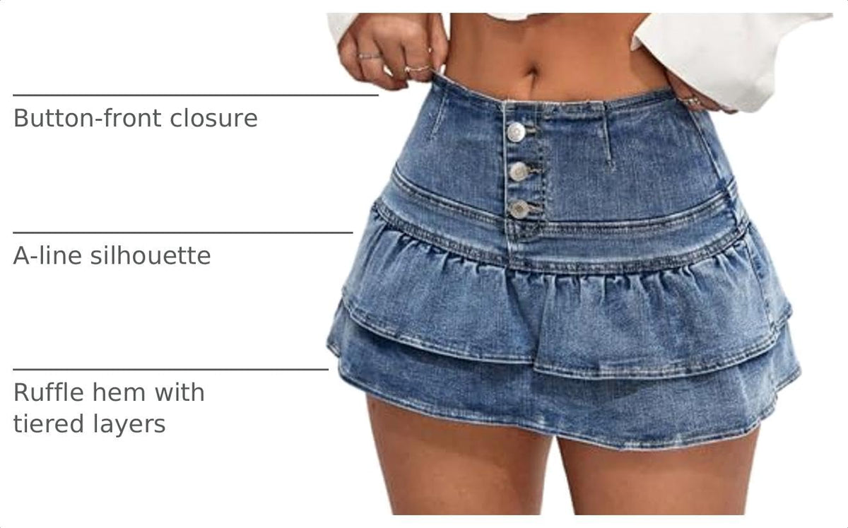 SHENHE Women's High Waist Button Up Ruffle Denim Mini Skirt with Shorts