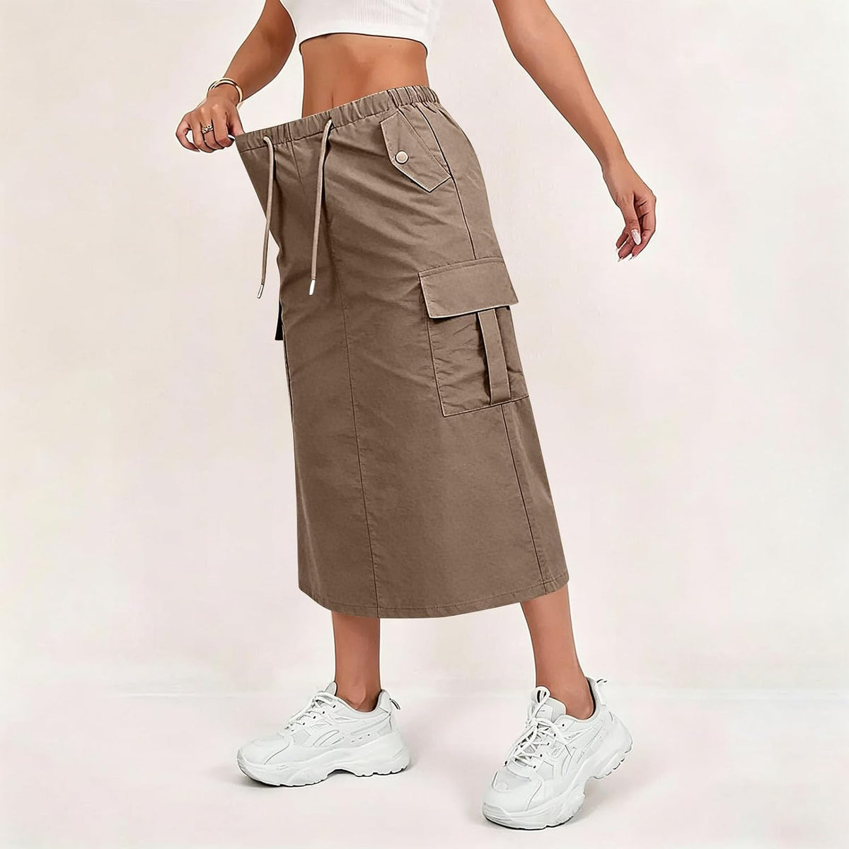Cargo Skirts for Women Summer Trendy Quick Dry Midi Skirts Drawstring Hiking High Wasited A Line Skirt with Pockets