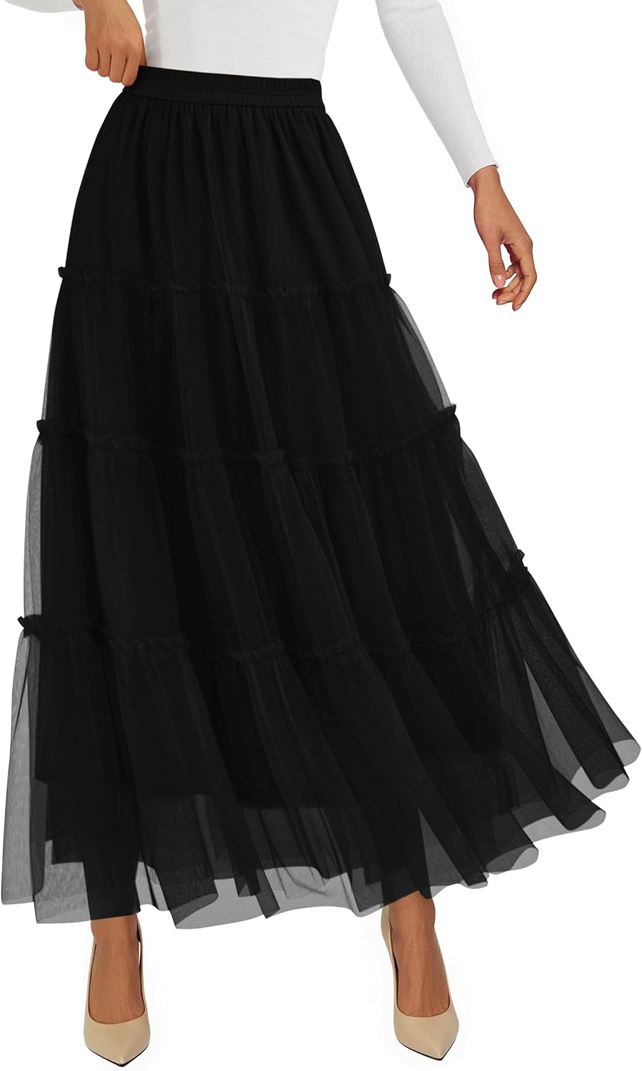 PRETTYGARDEN Women's Fall Soft Tulle Tiered Long Skirt