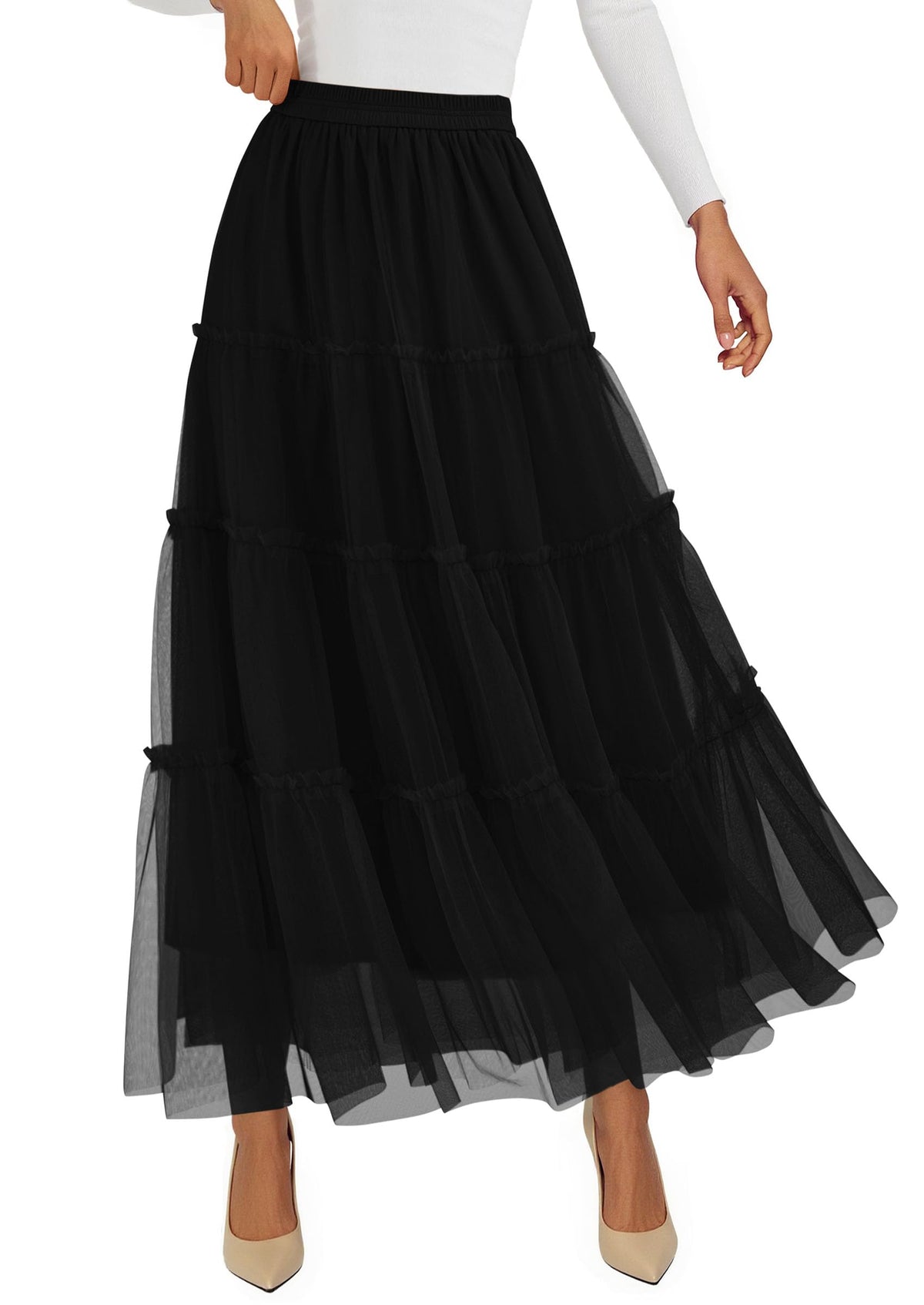 PRETTYGARDEN Women's Fall Soft Tulle Tiered Long Skirt