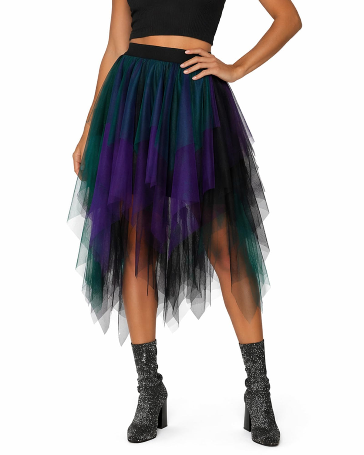 Jogold Womens 3 Layer Tulle Skirt High Waist Asymmetrical Midi Tutu