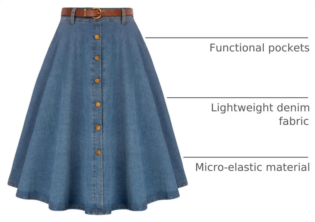 Belle Poque Women's Denim Skirts Vintage Below Knee Length High Waist A-Line Jean Skirts with Pockets