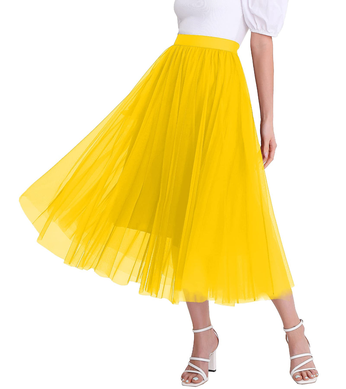 Women’s Tulle Skirts Midi Elastic High Waist Pleated Mesh Flowy A-Line Party Long Tutu Skirts…