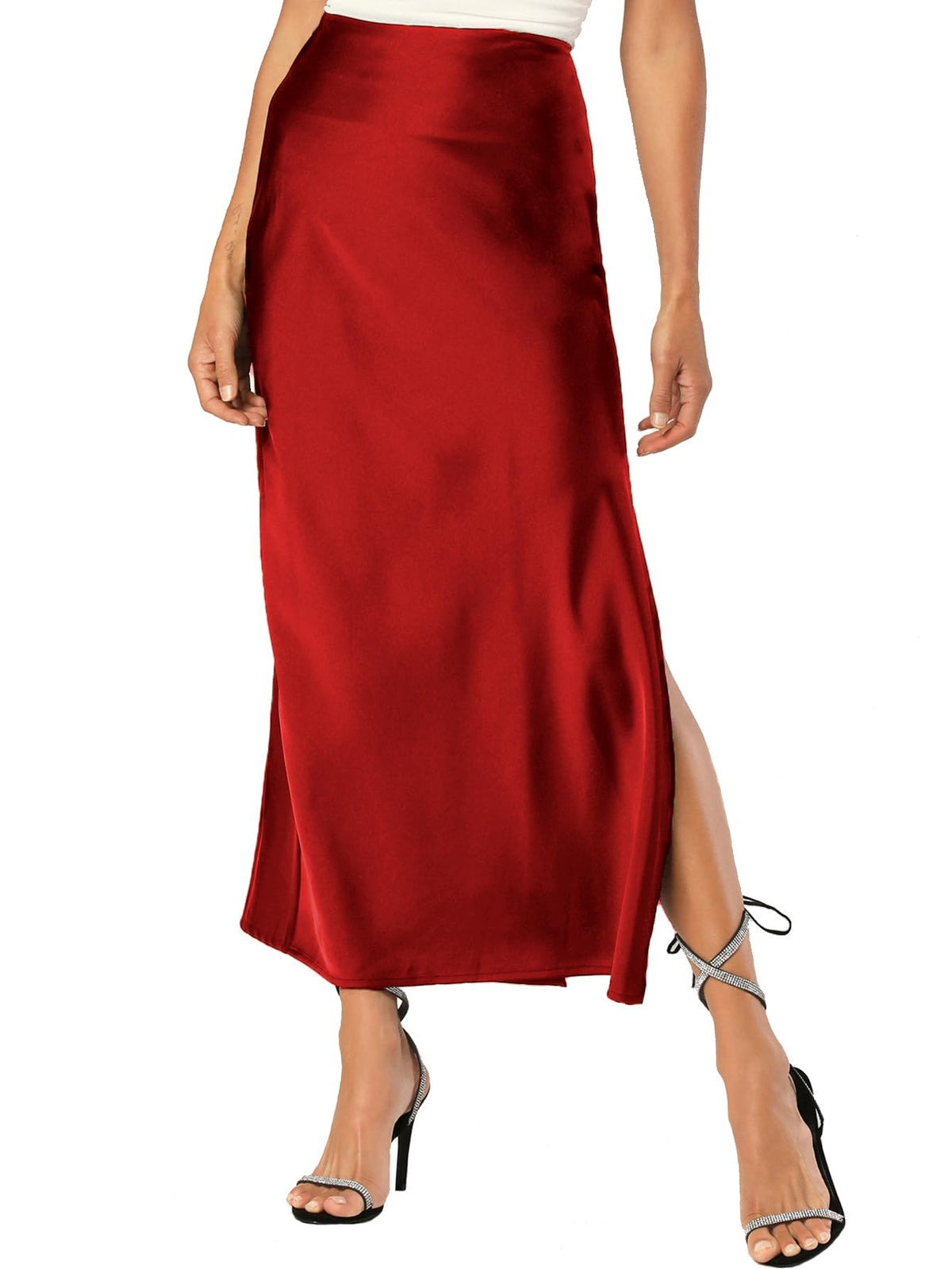 Womens Satin Silk Maxi Slit Skirt Elastic Waistband Leopard Print Maxi Long Satin Slit Skirts for Women
