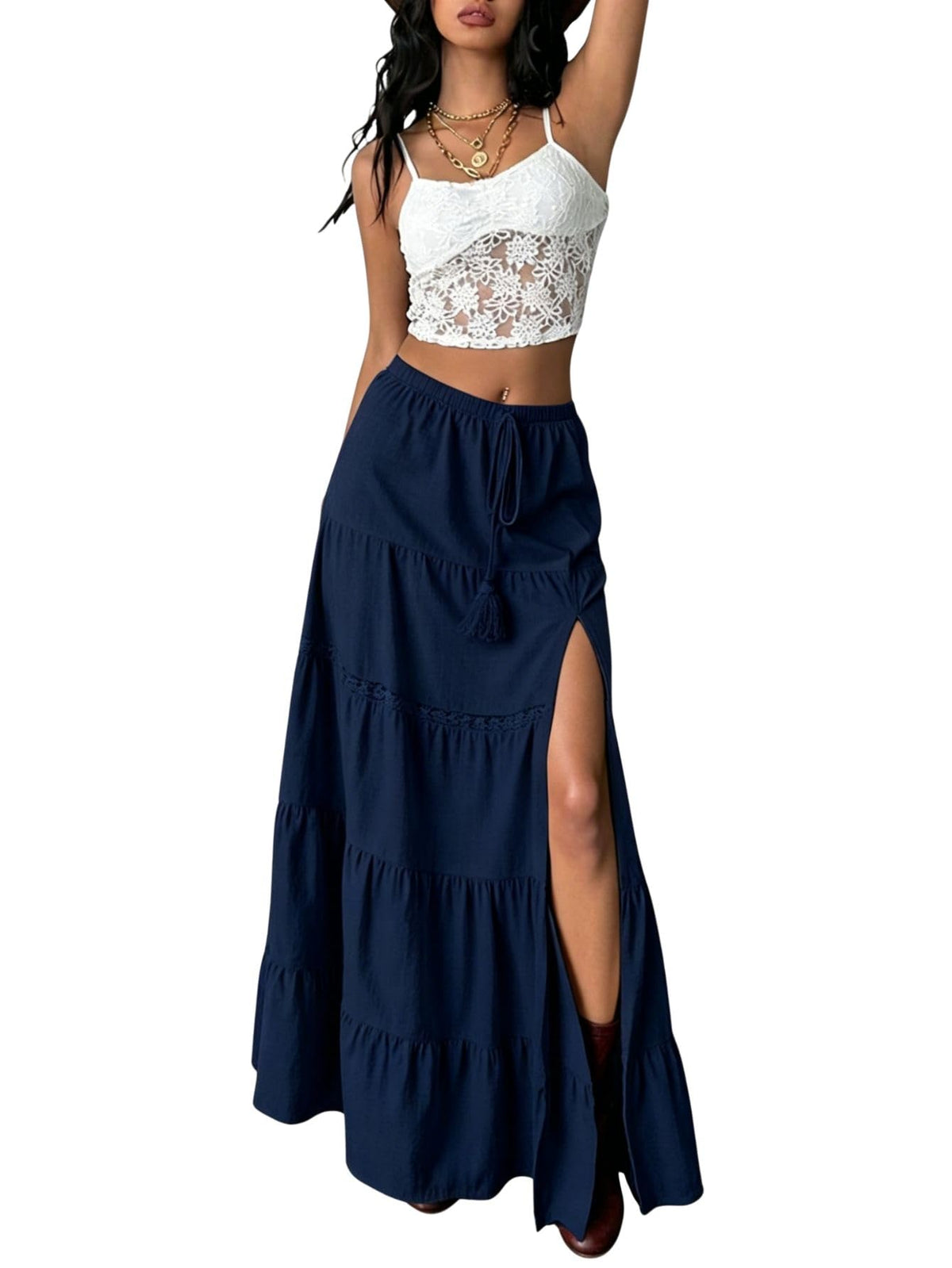 Verdusa Women's Long Maxi Skirts Boho Western Country Cncert Outfits Lace Skirt Split Layered Ruffle Skirt