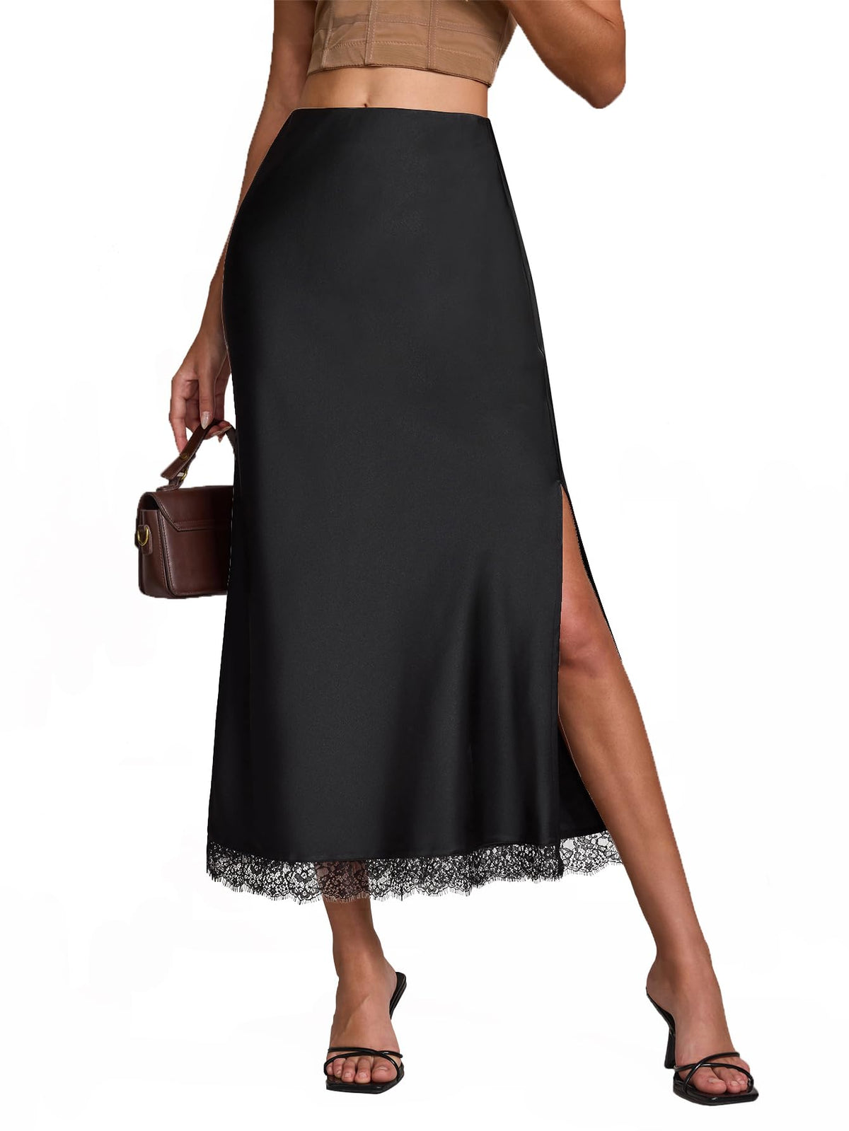 Womens Satin Silk Maxi Slit Skirt Elastic Waistband Leopard Print Maxi Long Satin Slit Skirts for Women